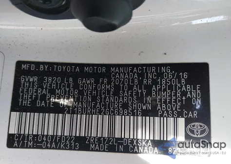 2016 Toyota Corolla S Plus из США, поврежденный, VIN 2T1BURHE2GC698516